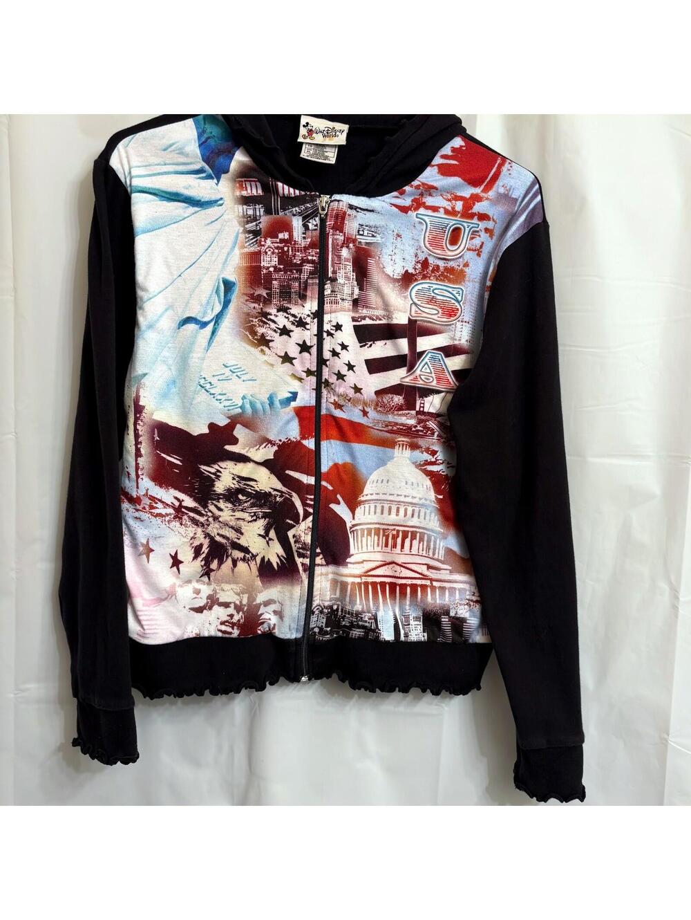 Disney World XL Women's Full Zip Hoodie Black Main Street USA Landmarks